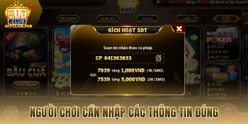 Người chơi cần nhập các thông tin đúng